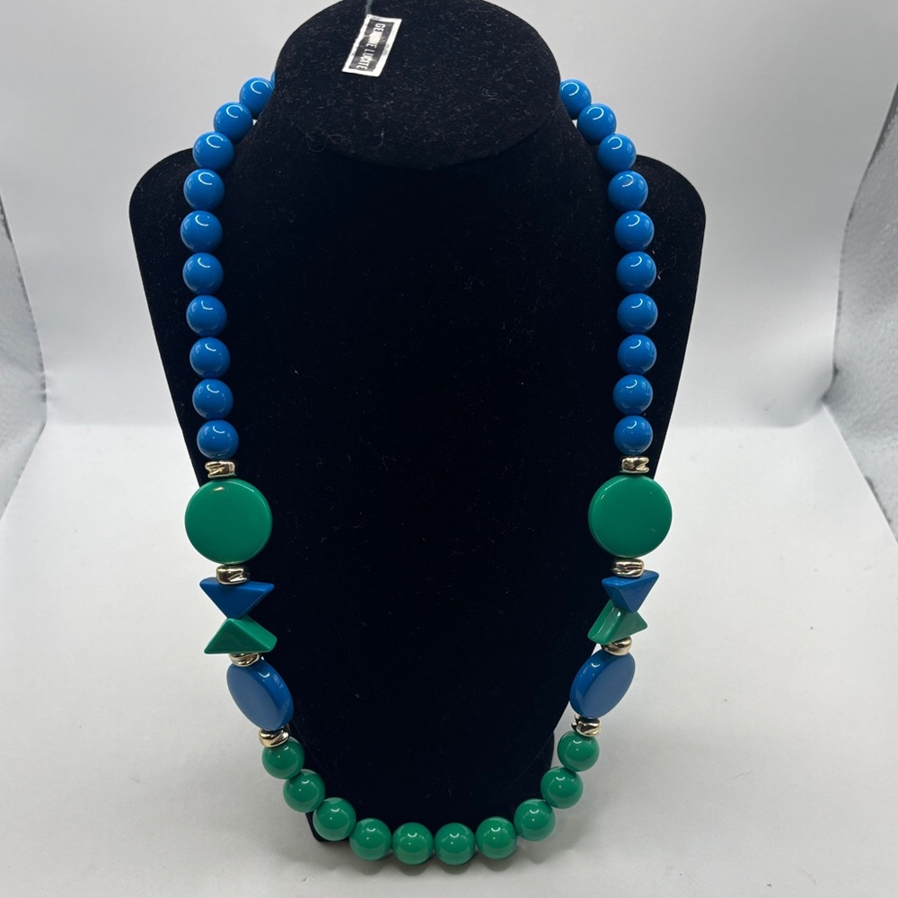 VTG Aqua & Blue Genuine Lucite Beaded Necklace Geometric Shapes 80s style NWT